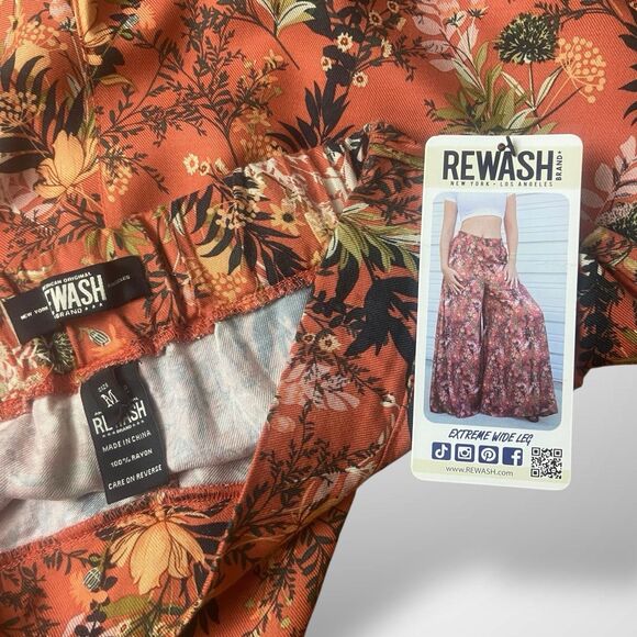 Rewash Super Flare Palazzo Pants Women Size M Orange Floral Elastic Waist Boho - Picture 6 of 8